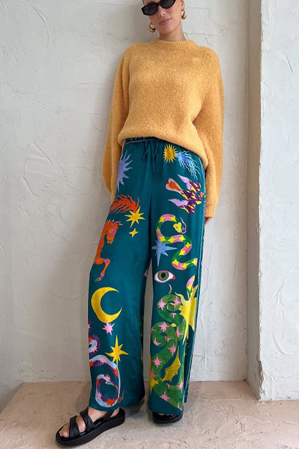 Weite Leinenmix-Hose mit Print, elastischem Bund und Taschen