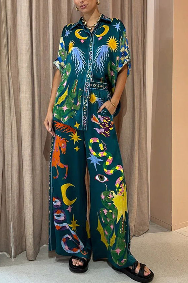 Weite Leinenmix-Hose mit Print, elastischem Bund und Taschen