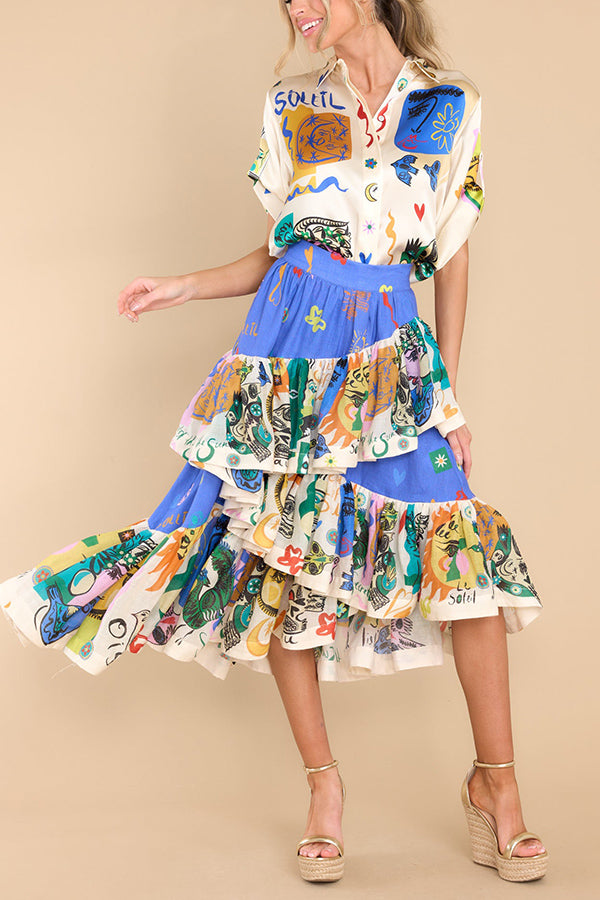 Midi-Rock mit einzigartigem Print, asymmetrischen Rüschen und Stufen-Design