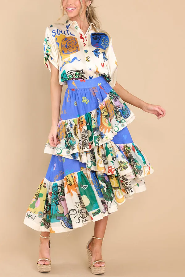 Midi-Rock mit einzigartigem Print, asymmetrischen Rüschen und Stufen-Design