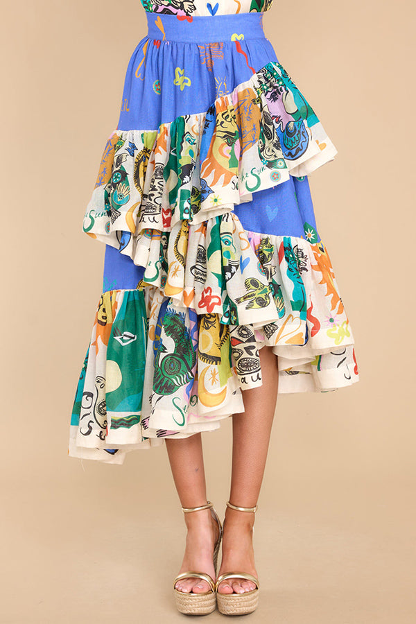 Midi-Rock mit einzigartigem Print, asymmetrischen Rüschen und Stufen-Design