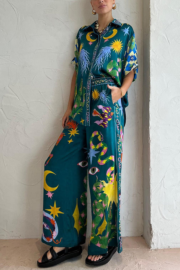 Weite Leinenmix-Hose mit Print, elastischem Bund und Taschen