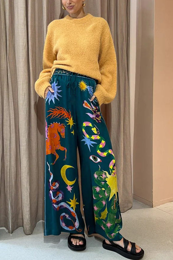 Weite Leinenmix-Hose mit Print, elastischem Bund und Taschen