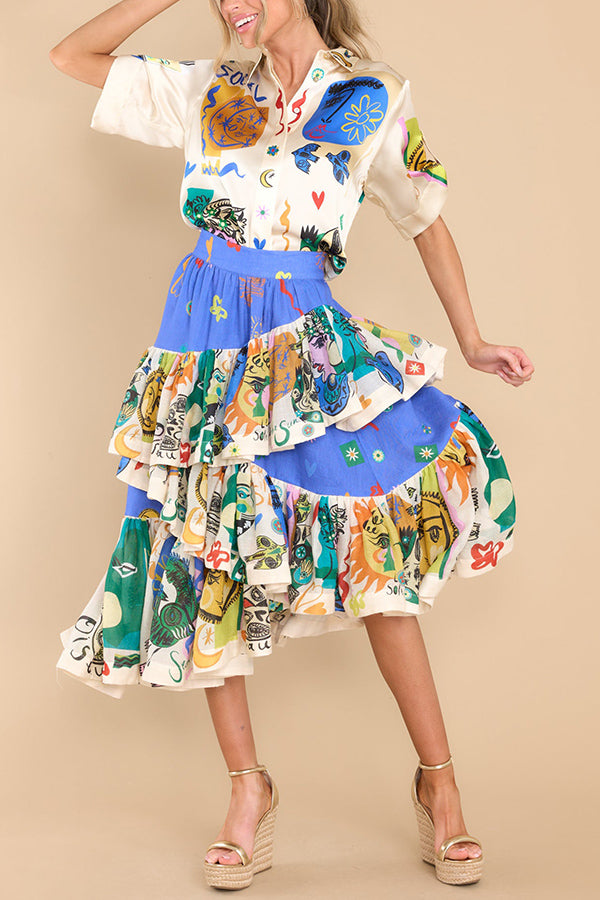 Midi-Rock mit einzigartigem Print, asymmetrischen Rüschen und Stufen-Design