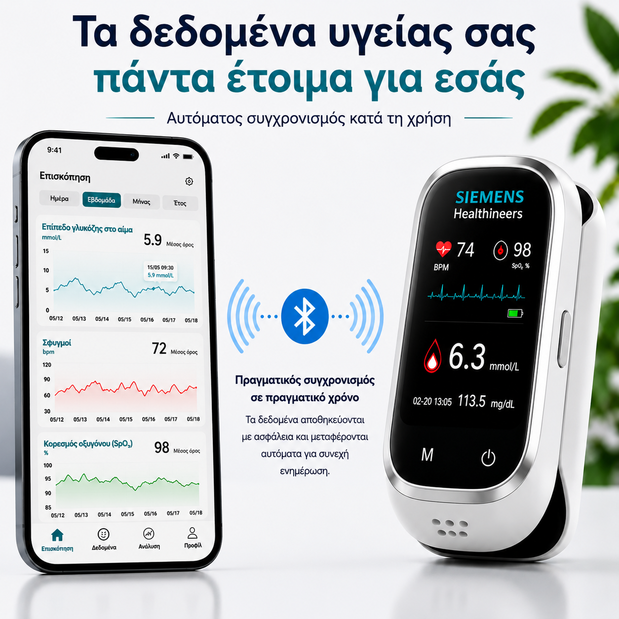 🩸 Siemens™ Μετρητής σακχάρου 11 σε 1 χωρίς τρύπημα Χωρίς βελόνες • Χωρίς ταινίες μέτρησης • Αποτέλεσμα σε μόλις 5 δευτερόλεπτα