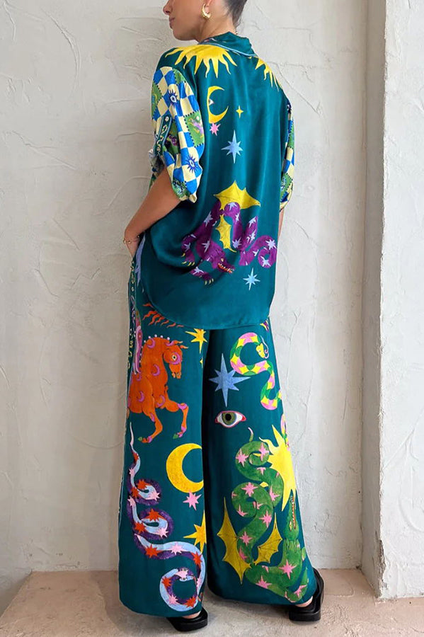 Weite Leinenmix-Hose mit Print, elastischem Bund und Taschen