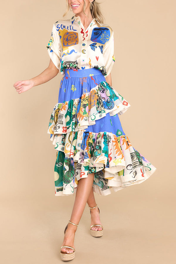 Midi-Rock mit einzigartigem Print, asymmetrischen Rüschen und Stufen-Design