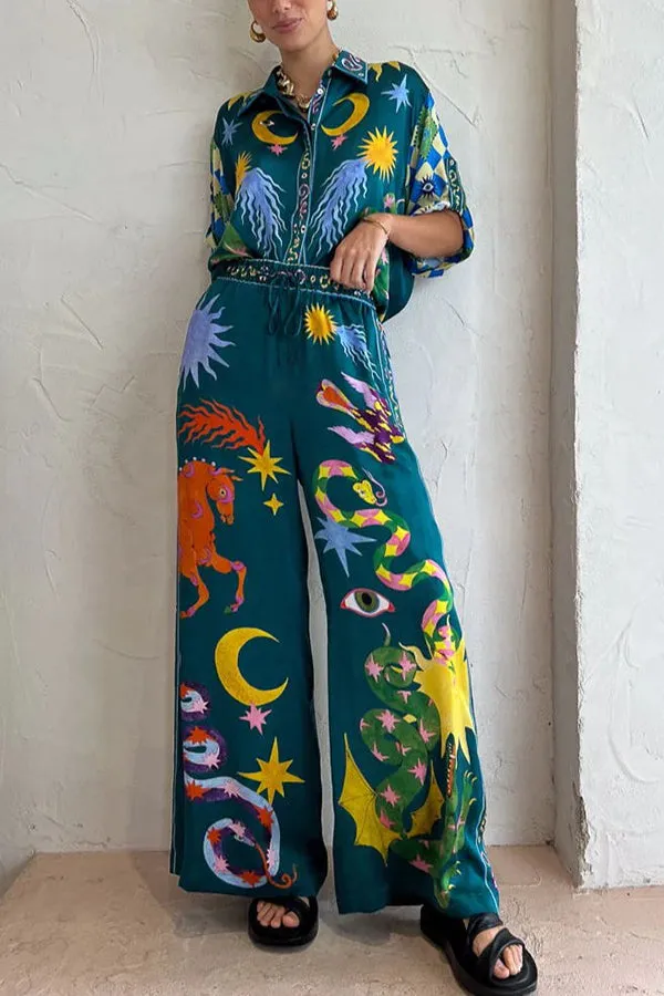 Weite Leinenmix-Hose mit Print, elastischem Bund und Taschen