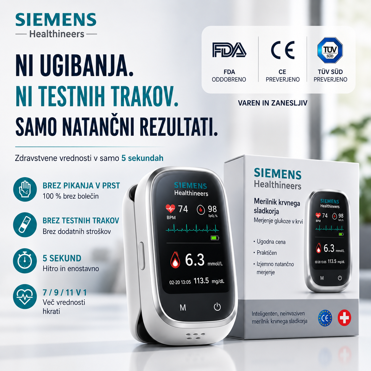 🩸 Siemens™ 11-v-1 pametni merilnik krvnega sladkorja brez vboda • Brez testnih lističev • Rezultati v samo 5 sekundah