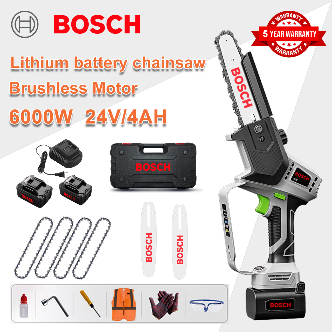 Zmogljiva brezkrtačna verižna žaga Bosch 12000 W 96 V z litijevo baterijo