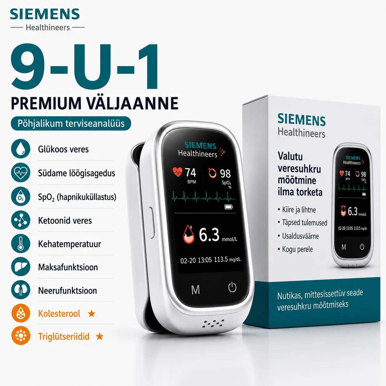🩸 Siemens™ 11-v-1 pametni merilnik krvnega sladkorja brez vboda • Brez testnih lističev • Rezultati v samo 5 sekundah