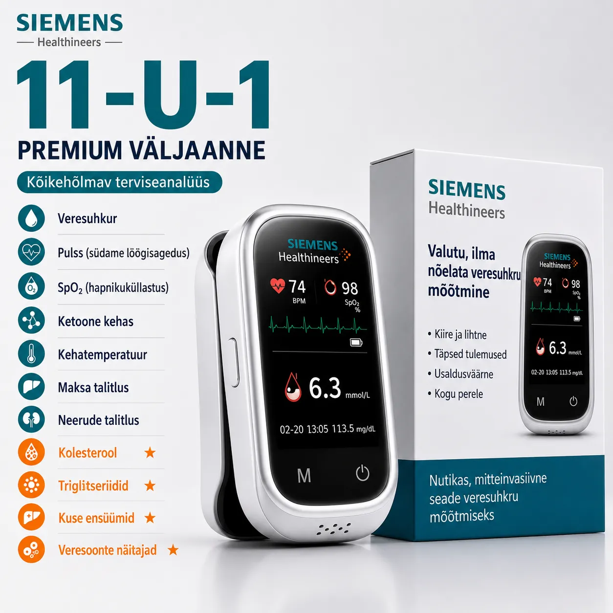 🩸 Siemens™ 11-v-1 pametni merilnik krvnega sladkorja brez vboda • Brez testnih lističev • Rezultati v samo 5 sekundah