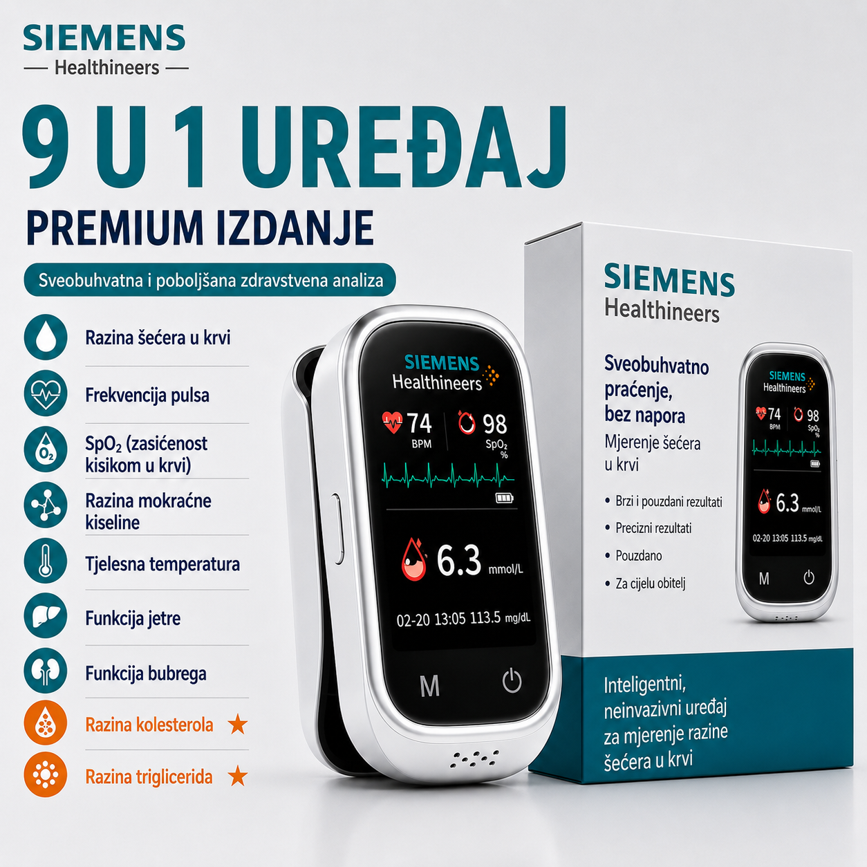 🩸 Siemens™ 11 u 1 mjerač glukoze u krvi bez uboda Bez uboda • Bez test traka • Rezultati za samo 5 sekundi