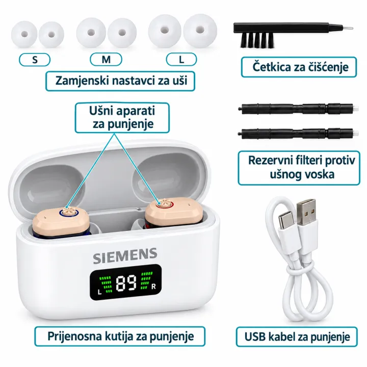 Siemens Ultra slušni aparat bez recepta – nevidljiva CIC izvedba s punjenjem, odobrena od strane FDA.