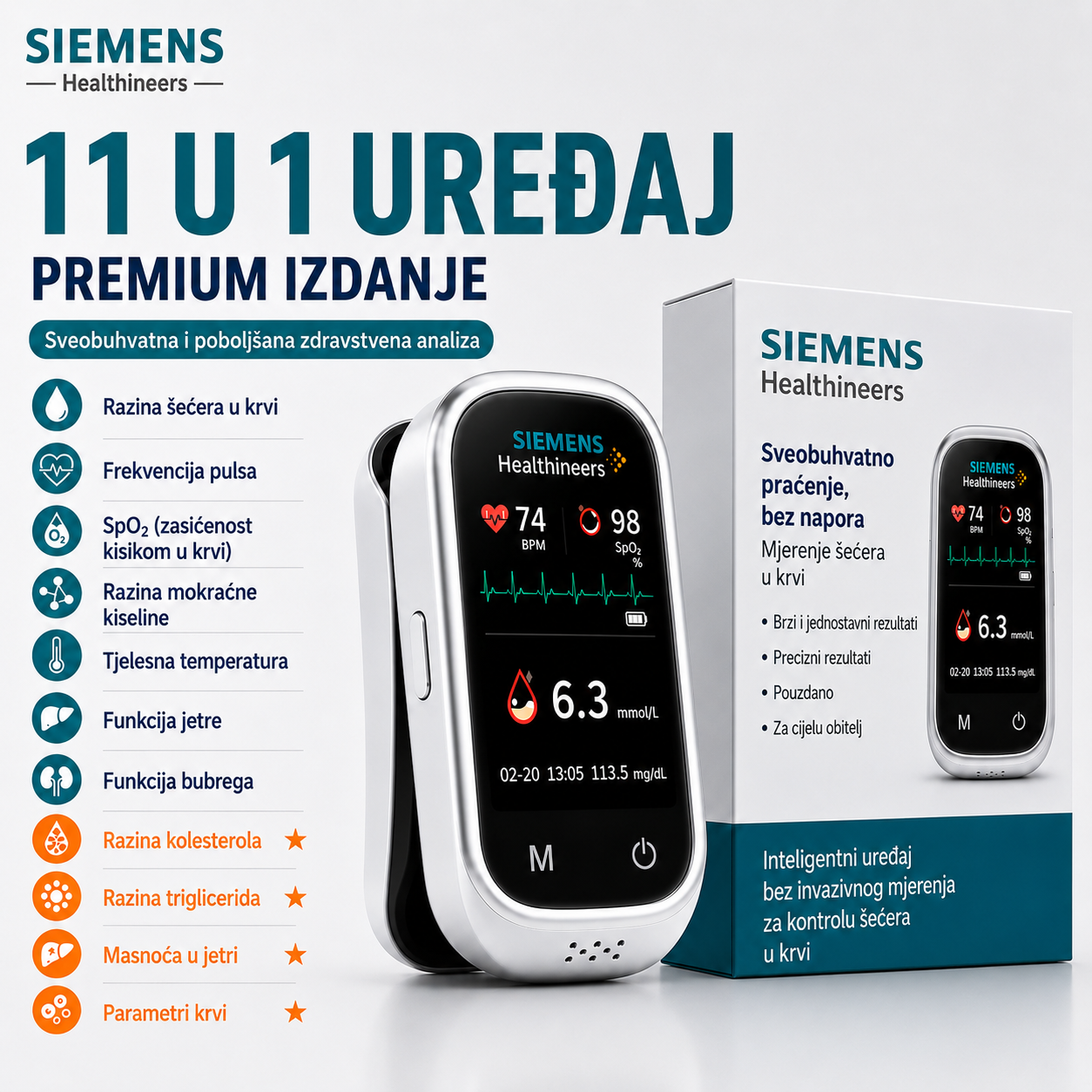 🩸 Siemens™ 11 u 1 mjerač glukoze u krvi bez uboda Bez uboda • Bez test traka • Rezultati za samo 5 sekundi