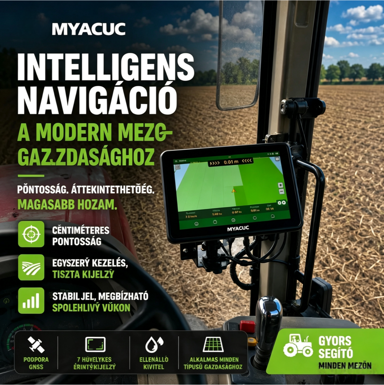 MYACUC intelligens navigációs rendszer mezőgazdasági gépekhez: Pontosan vezeti az összes munkaútvonalat, így hatékonyabbá és gondtalanabbá teszi a gazdálkodást.