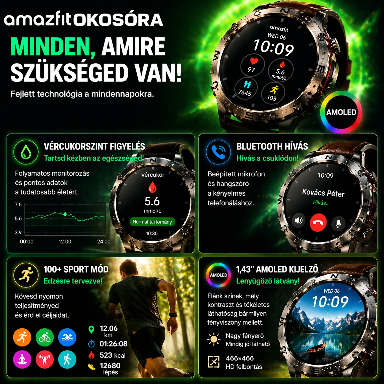 Amazfit Stílusú AMOLED Okosóra – Vércukorszint Figyelés, Bluetooth Hívás, 100+ Sport Mód