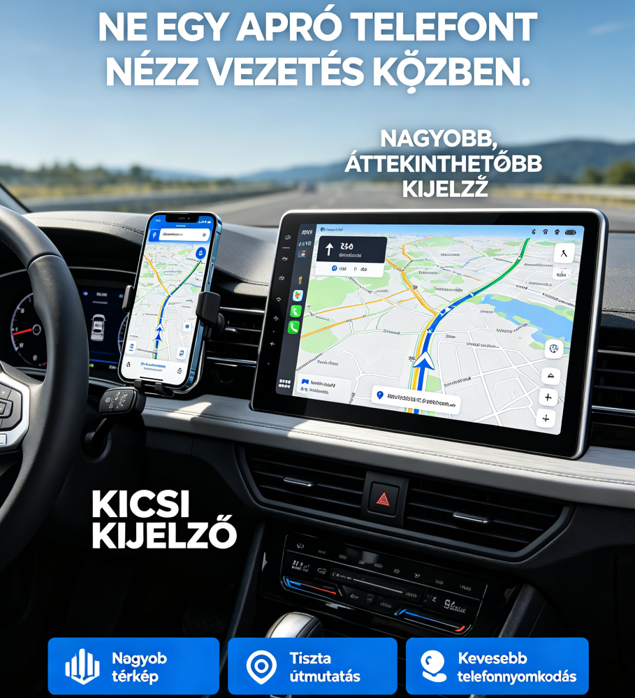 Android 15-tel és CarPlay-jel felszerelt, légtisztítóval, 32 GB tárhellyel, osztott képernyős kijelzővel és Gemini hangvezérléssel rendelkezik, fokozva az autós szórakoztatási élményt.
