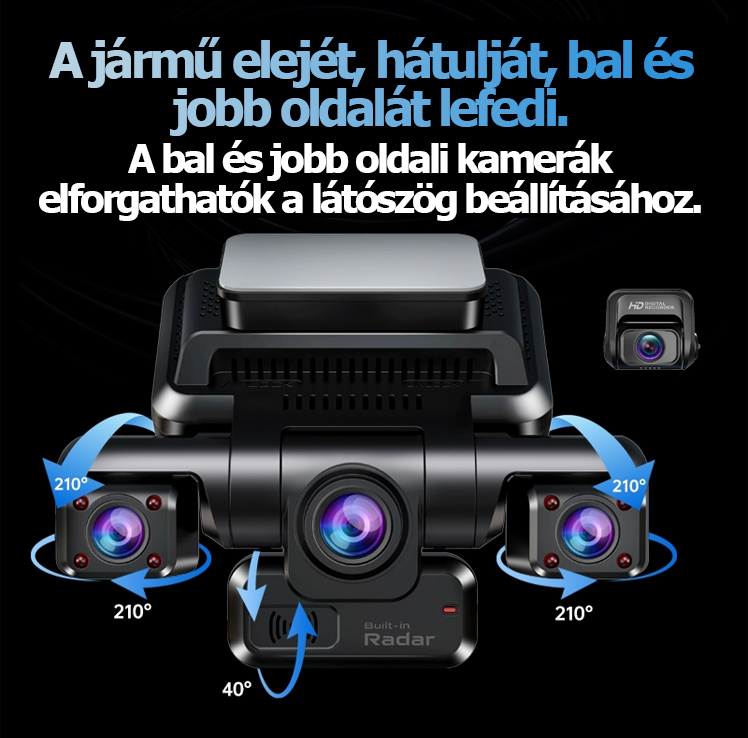 4K-s, négylencsés, őrszem üzemmódú autós kamera, parkolásfigyelés, 24 órás karcolásvédelem, 360 fokos panorámanézet, hangvezérlés.
