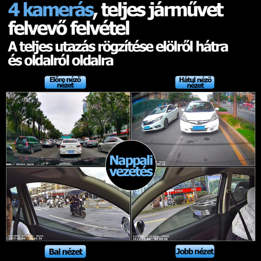 4K-s, négylencsés, őrszem üzemmódú autós kamera, parkolásfigyelés, 24 órás karcolásvédelem, 360 fokos panorámanézet, hangvezérlés.