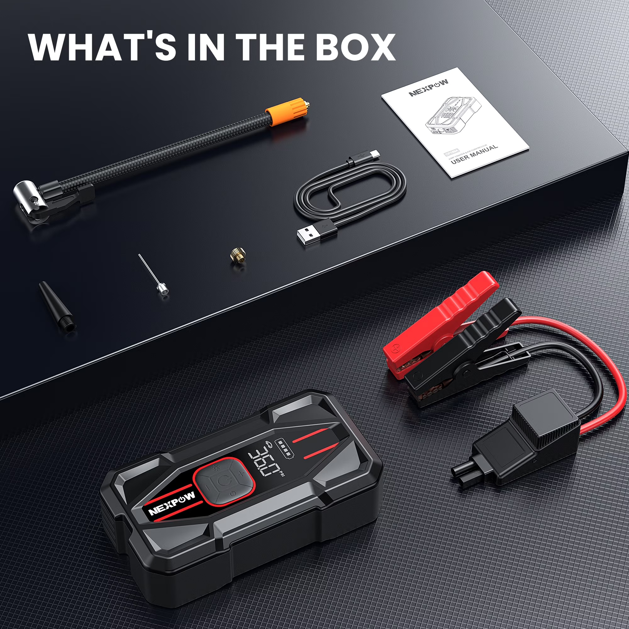 NEXPOW 3000A indítássegítő beépített légkompresszorral, 150 PSI digitális gumiabroncs-felfújóval, 16000 mAh kapacitással és 30 W-os PD gyorstöltéssel, 12 V-os akkumulátor-indító és power bank, 8,5 literes benzines és 6,5 literes dízelmotorokhoz.