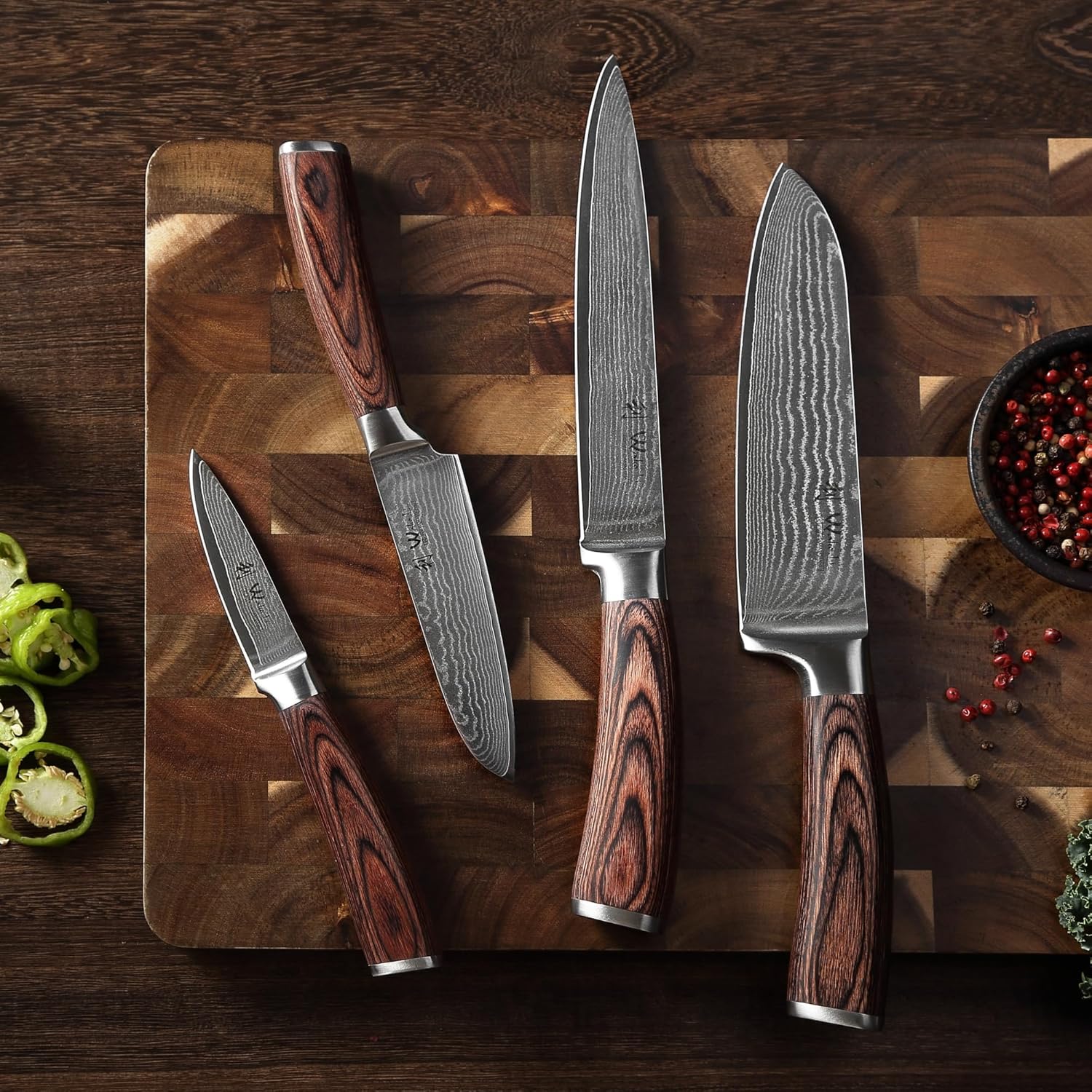 WAKOLI Edib Damaszk késkészlet 4 db 67 rétegű professzionális damaszk acél konyhakés, Pakka fa fogantyúkkal, fa tokkal