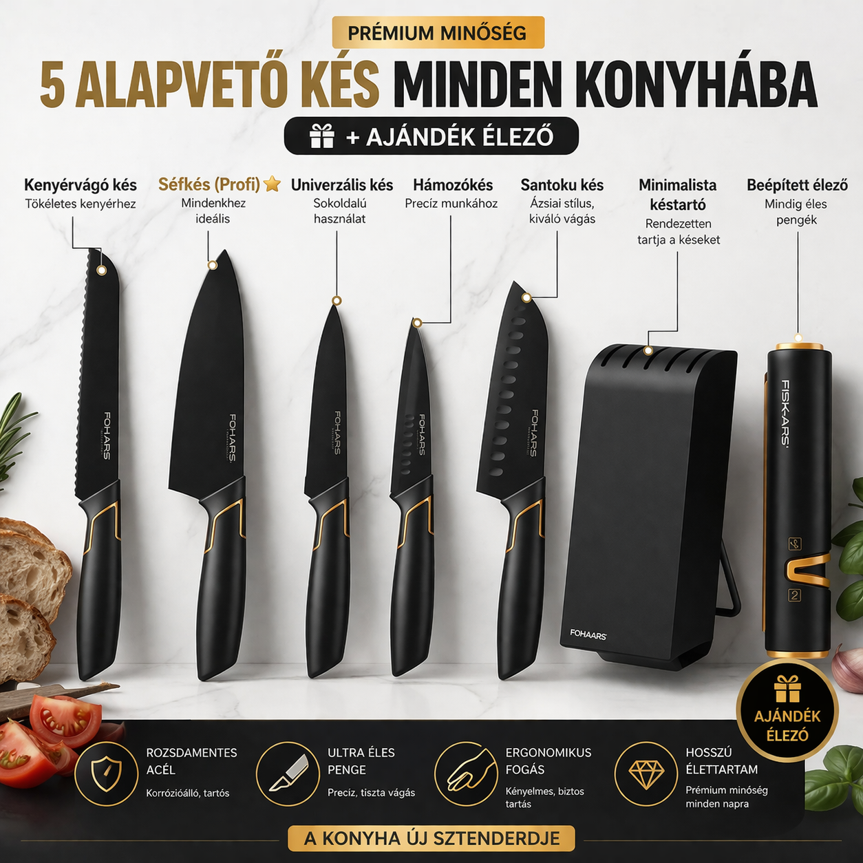 FISKARS® EDGE – Mindig Éles Késkészlet Beépített Élezővel | Könnyed, Precíz Vágás Minden Nap