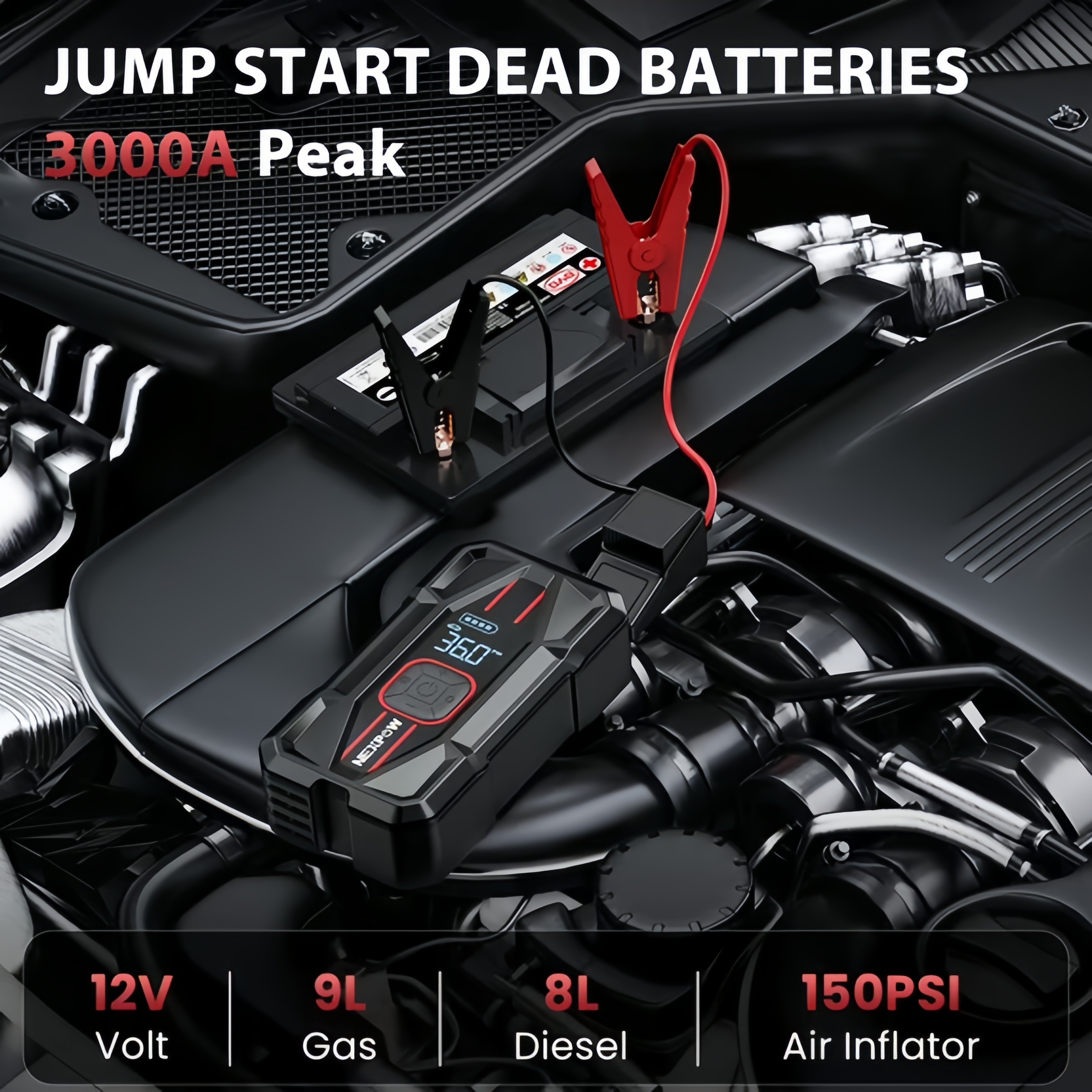 NEXPOW 3000A indítássegítő beépített légkompresszorral, 150 PSI digitális gumiabroncs-felfújóval, 16000 mAh kapacitással és 30 W-os PD gyorstöltéssel, 12 V-os akkumulátor-indító és power bank, 8,5 literes benzines és 6,5 literes dízelmotorokhoz.