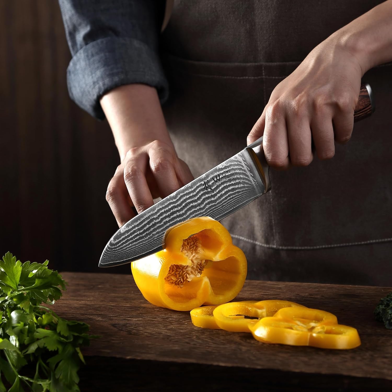 WAKOLI Edib Damaszk késkészlet 4 db 67 rétegű professzionális damaszk acél konyhakés, Pakka fa fogantyúkkal, fa tokkal