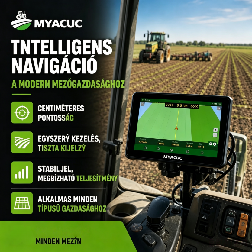 MYACUC intelligens navigációs rendszer mezőgazdasági gépekhez: Pontosan vezeti az összes munkaútvonalat, így hatékonyabbá és gondtalanabbá teszi a gazdálkodást.