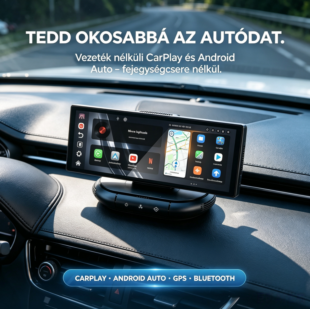 Android 15-tel és CarPlay-jel felszerelt, légtisztítóval, 32 GB tárhellyel, osztott képernyős kijelzővel és Gemini hangvezérléssel rendelkezik, fokozva az autós szórakoztatási élményt.