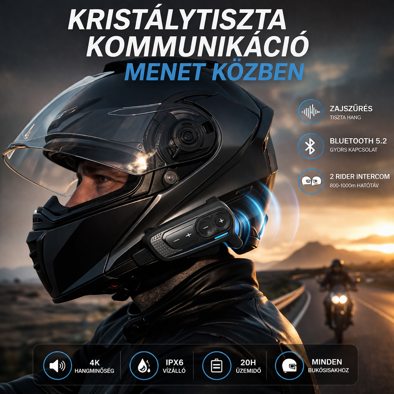 Okos Motoros Bluetooth Intercom – GPS Útvonal Rögzítés + Valós Idejű Visszajátszás + 1000m Kapcsolat