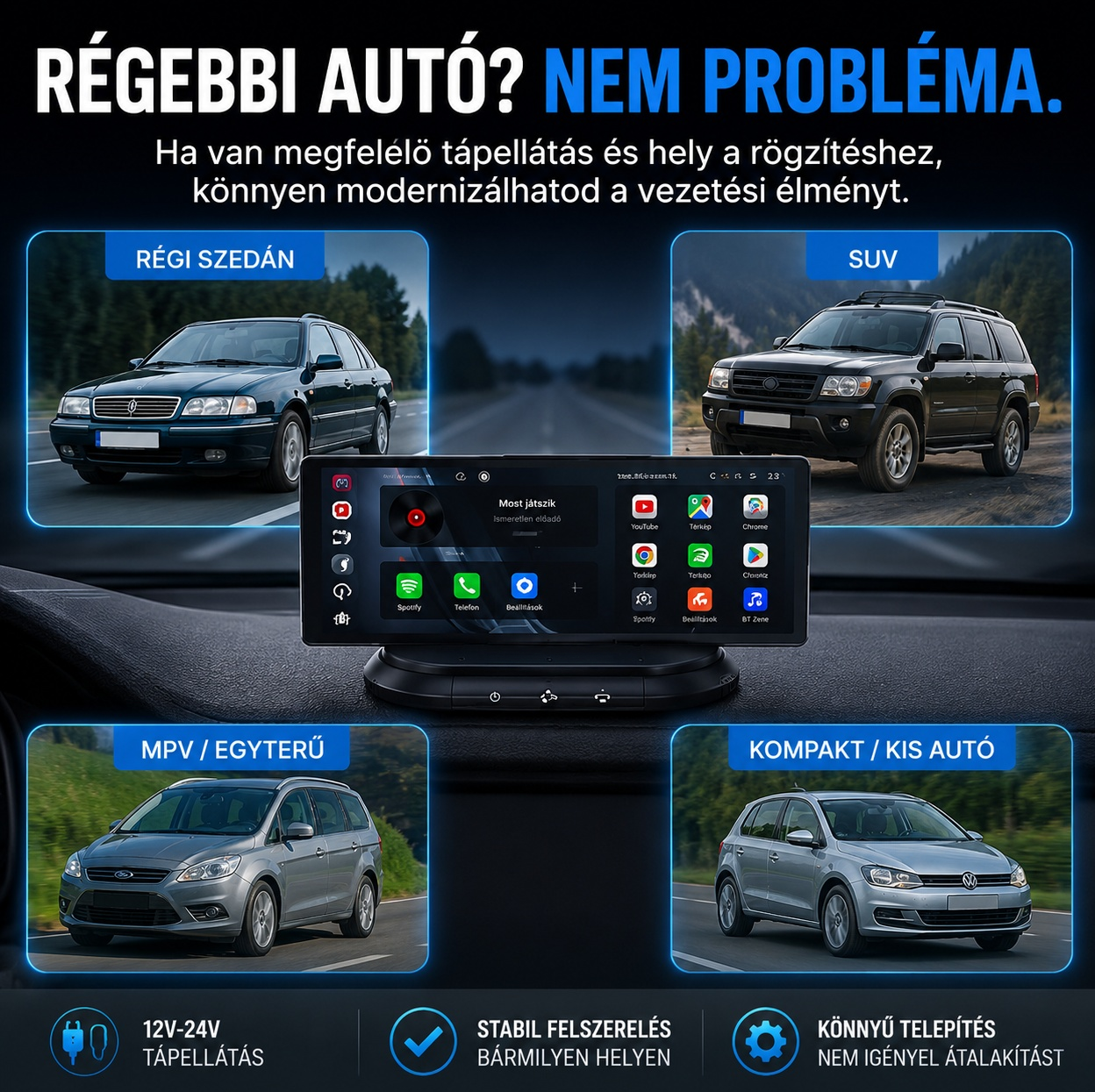 Android 15-tel és CarPlay-jel felszerelt, légtisztítóval, 32 GB tárhellyel, osztott képernyős kijelzővel és Gemini hangvezérléssel rendelkezik, fokozva az autós szórakoztatási élményt.