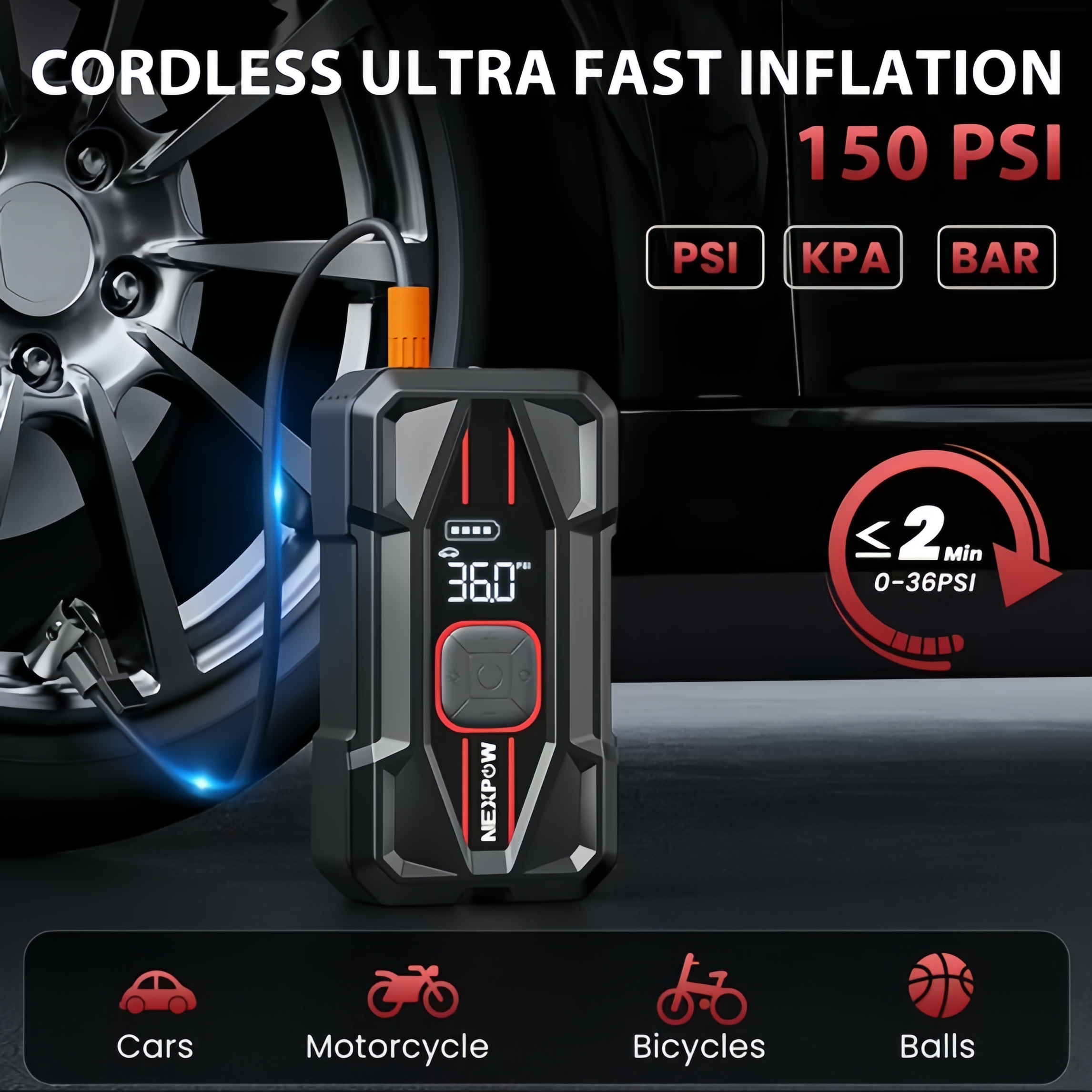 NEXPOW 3000A indítássegítő beépített légkompresszorral, 150 PSI digitális gumiabroncs-felfújóval, 16000 mAh kapacitással és 30 W-os PD gyorstöltéssel, 12 V-os akkumulátor-indító és power bank, 8,5 literes benzines és 6,5 literes dízelmotorokhoz.