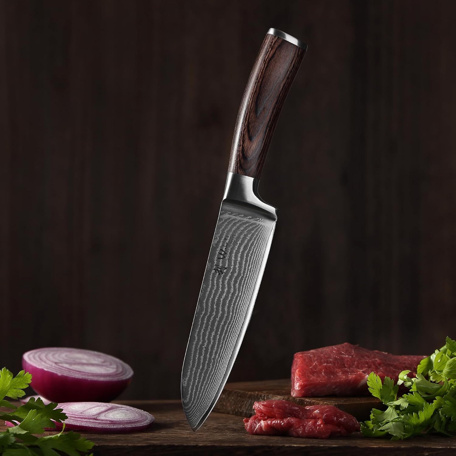 WAKOLI Edib Damaszk késkészlet 4 db 67 rétegű professzionális damaszk acél konyhakés, Pakka fa fogantyúkkal, fa tokkal