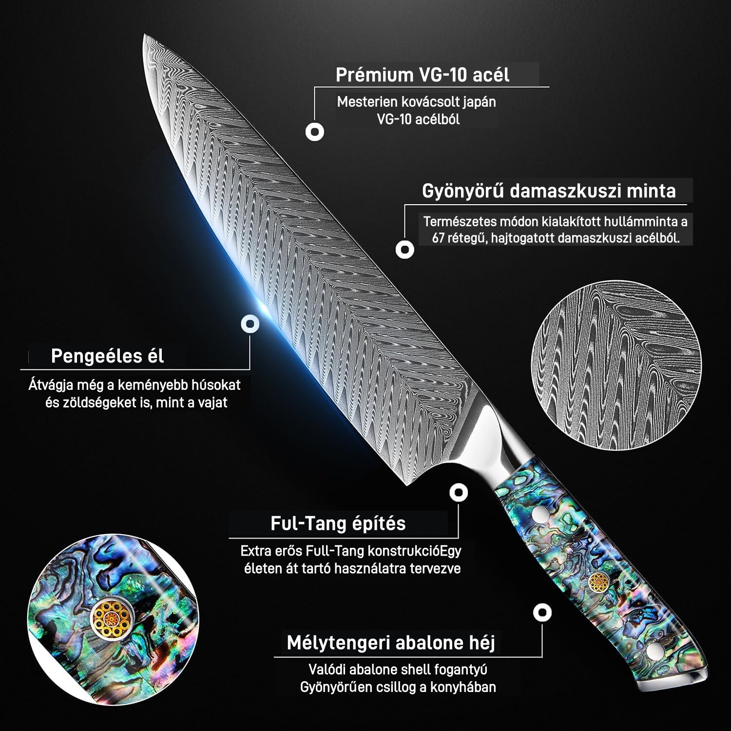 Sorozat "umi” - Japán Vg10 damaszkuszi acél késkészlet abalone kagyló fogantyúval
