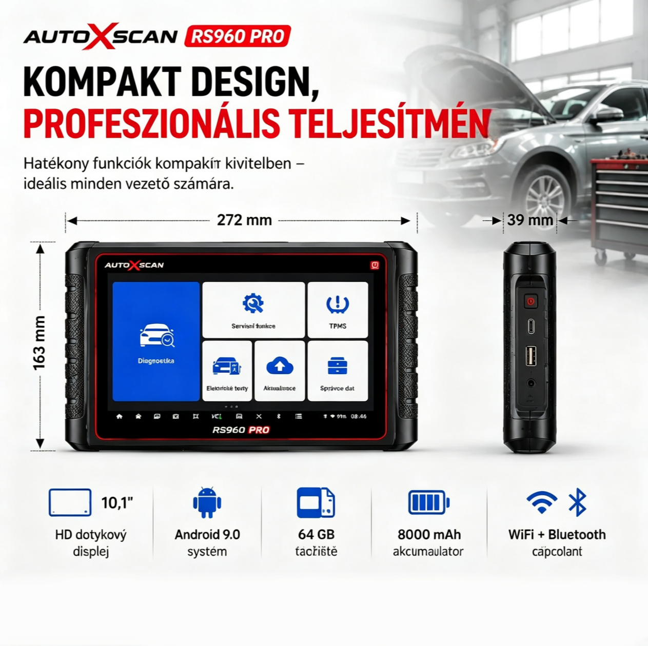 Az AUTOXSCAN RS960 PRO egy professzionális autóipari diagnosztikai eszköz, amely támogatja a teljes rendszerszkennelést, a hibaelemzést, valamint a TPMS diagnosztizálását és programozását, lehetővé téve a járművek gyors és pontos hibaelhárítását.