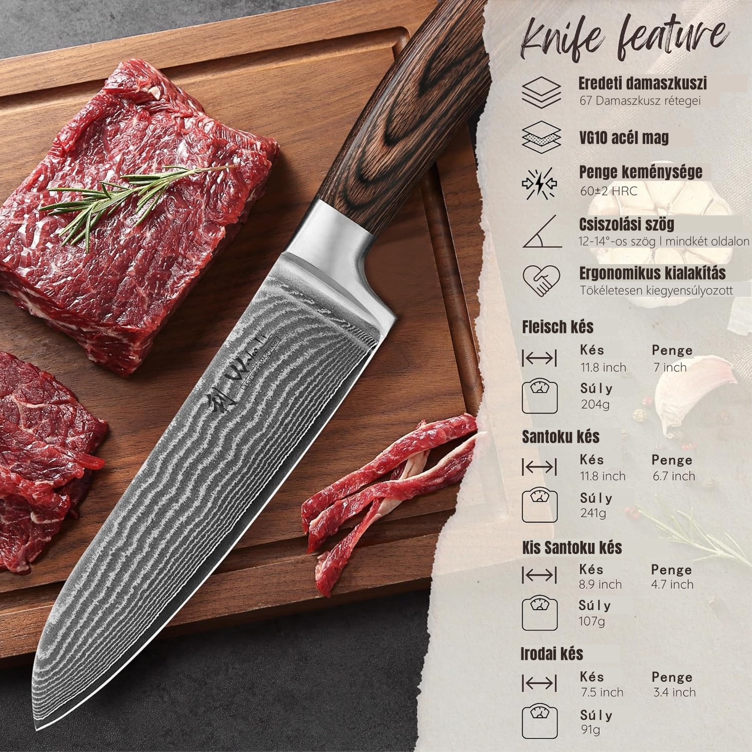 WAKOLI Edib Damaszk késkészlet 4 db 67 rétegű professzionális damaszk acél konyhakés, Pakka fa fogantyúkkal, fa tokkal