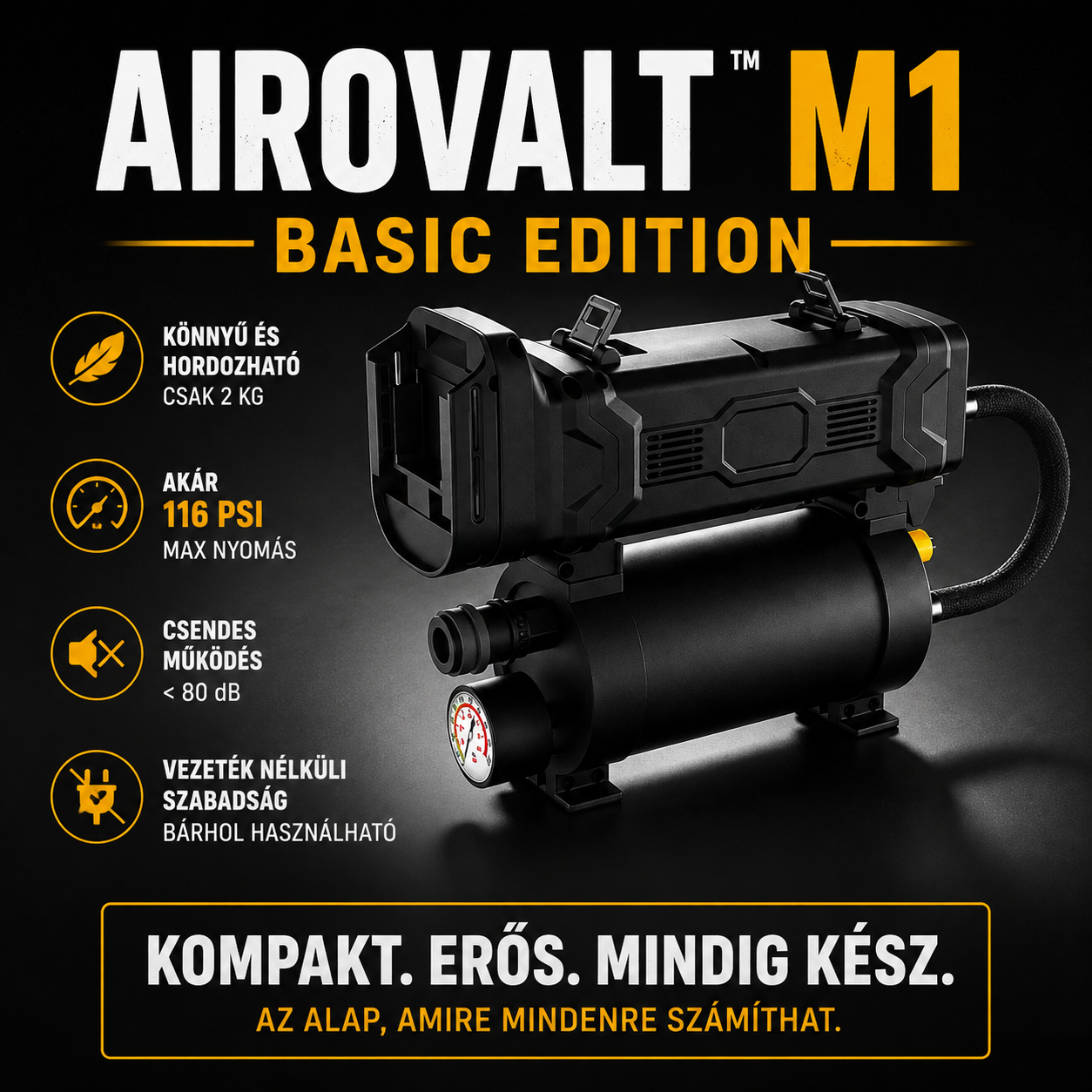 AIROVALT M1: A mozgásra tervezett mini légkompresszor Csak 2 kg | 116 PSI maximális nyomás | Vezeték nélküli szabadság | Hordozható légpalack | Beépített akkumulátor | Okos digitális kijelző
