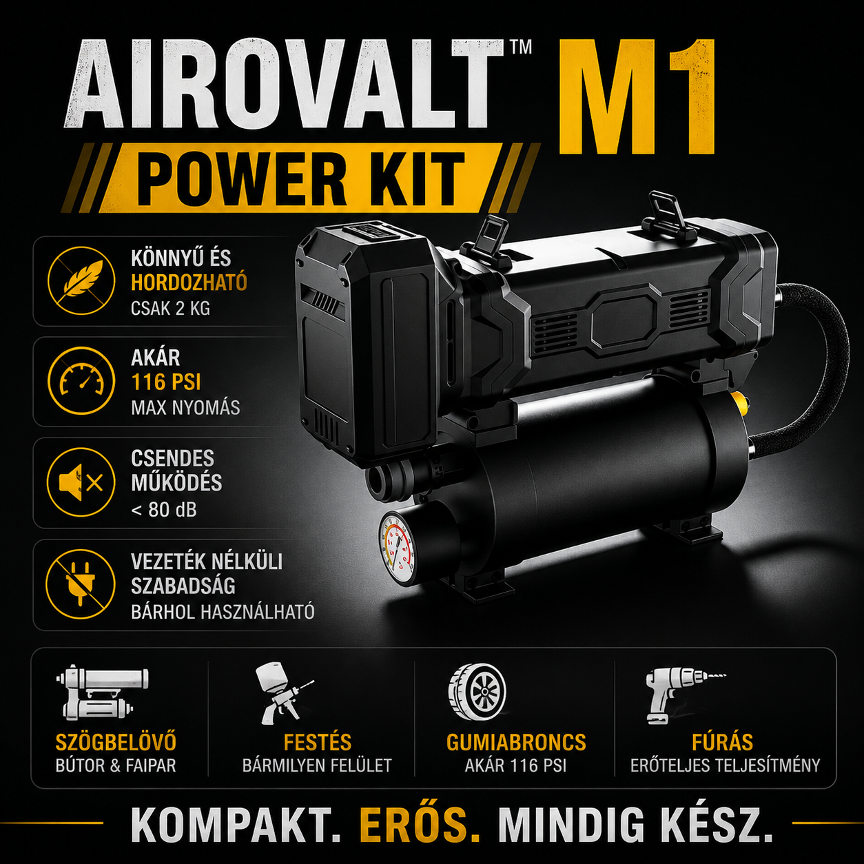 AIROVALT M1: A mozgásra tervezett mini légkompresszor Csak 2 kg | 116 PSI maximális nyomás | Vezeték nélküli szabadság | Hordozható légpalack | Beépített akkumulátor | Okos digitális kijelző