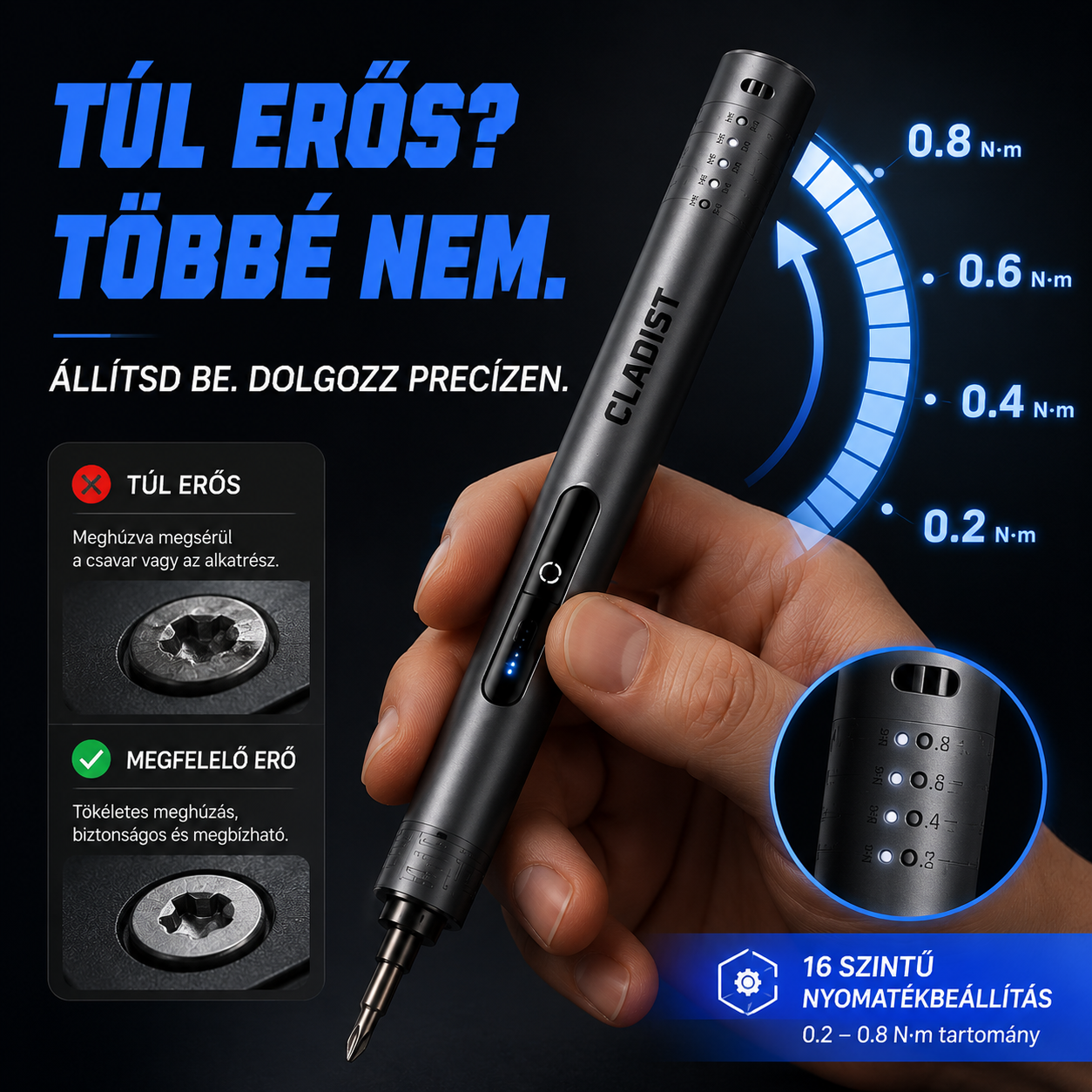 Cladist Titan: Bocsánat, öreg sofőr. A találgatás korszaka véget ért. 15+1 nyomatékszint | 0,05–0,8 N·m precíziós vezérlés | Alacsony ütés | Elektromos és manuális kettős üzemmód | Mágneses tárolás | 48 bit | 500mAh
