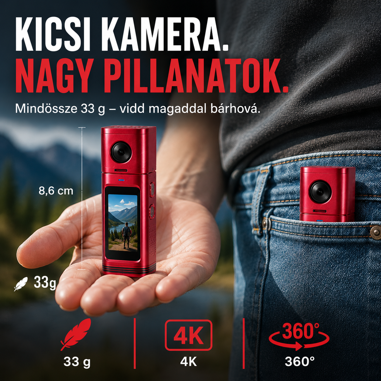 Zsebkamera 4K videóval és retró filmes szűrőkkel 33 g-os ultrakönnyű kialakítás｜4K videó｜16 MP-es fotók｜360°-ban forgatható objektív｜CCD-szűrők｜Azonnali előnézet｜Fénykép-, videó- ​​és hangfelvétel
