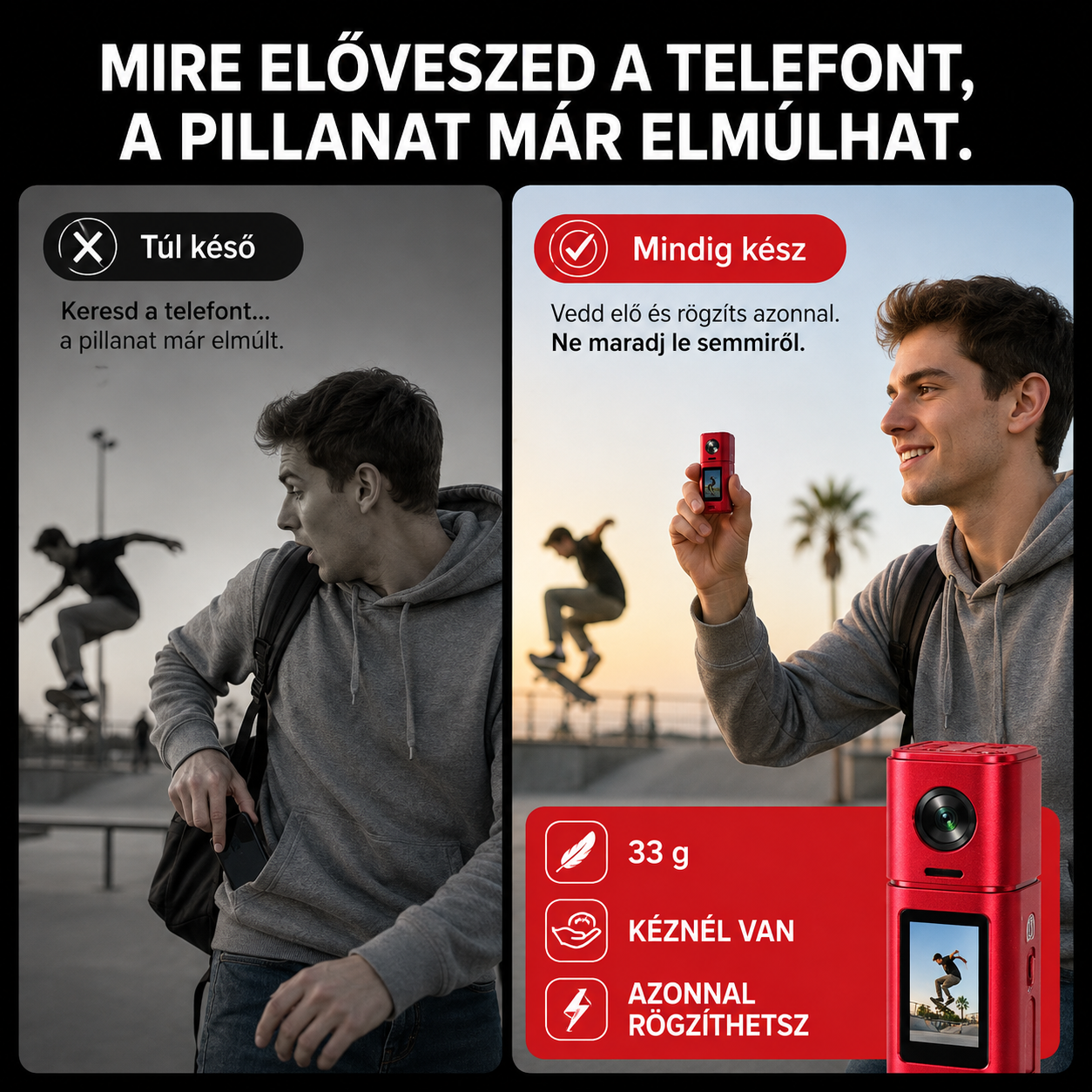 Zsebkamera 4K videóval és retró filmes szűrőkkel 33 g-os ultrakönnyű kialakítás｜4K videó｜16 MP-es fotók｜360°-ban forgatható objektív｜CCD-szűrők｜Azonnali előnézet｜Fénykép-, videó- ​​és hangfelvétel