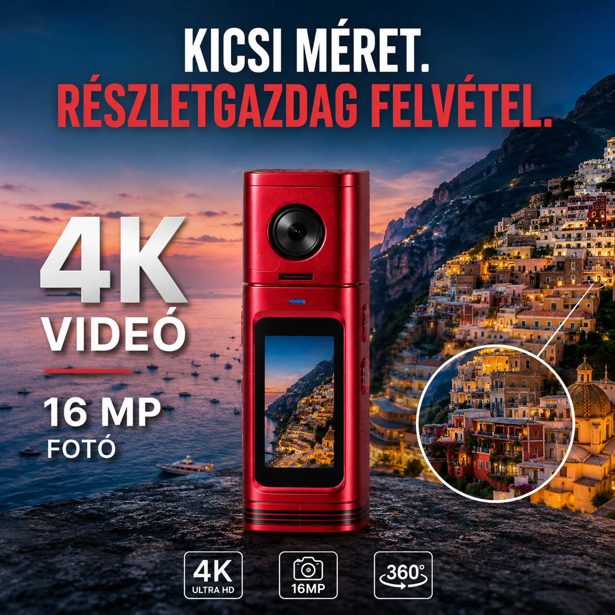 Zsebkamera 4K videóval és retró filmes szűrőkkel 33 g-os ultrakönnyű kialakítás｜4K videó｜16 MP-es fotók｜360°-ban forgatható objektív｜CCD-szűrők｜Azonnali előnézet｜Fénykép-, videó- ​​és hangfelvétel