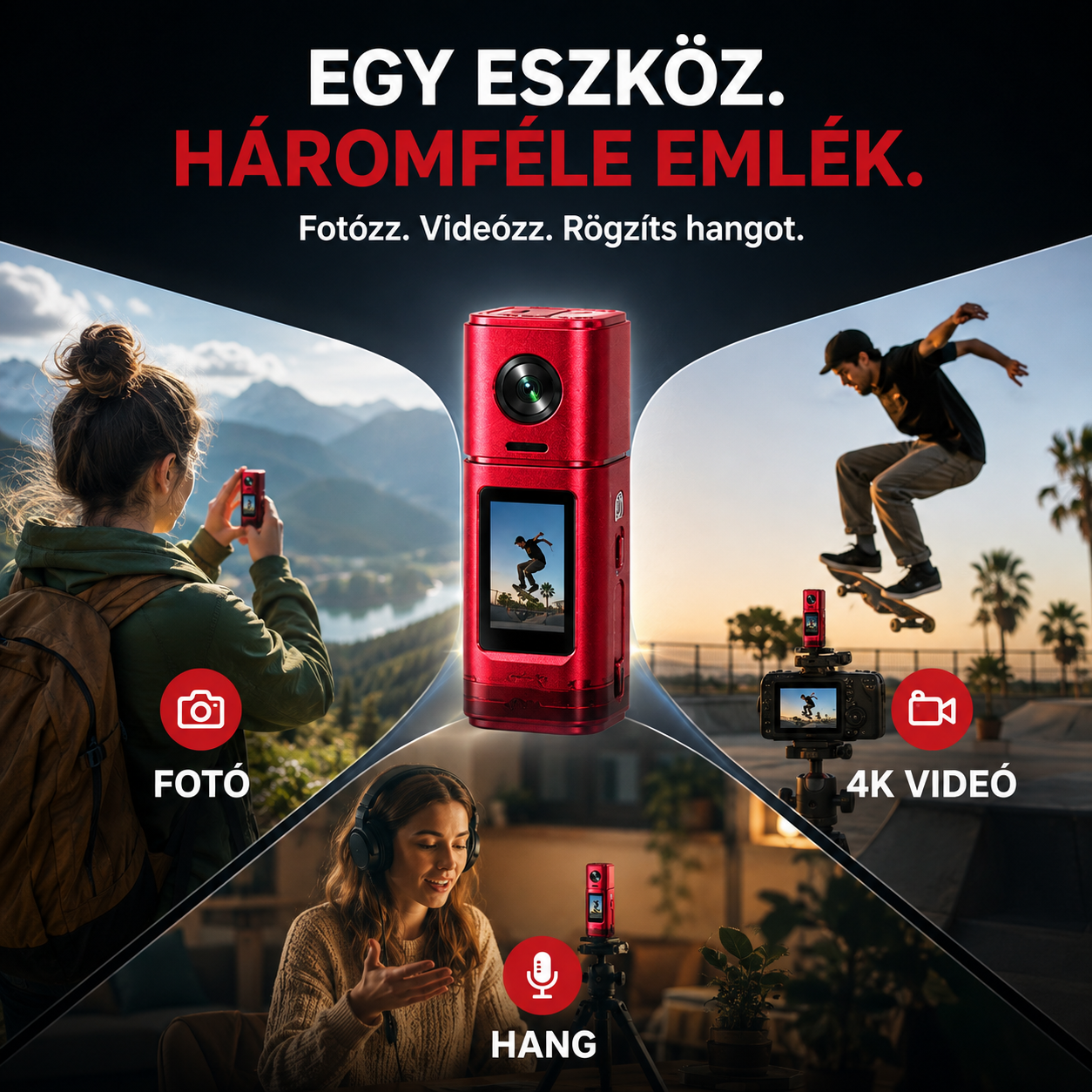 Zsebkamera 4K videóval és retró filmes szűrőkkel 33 g-os ultrakönnyű kialakítás｜4K videó｜16 MP-es fotók｜360°-ban forgatható objektív｜CCD-szűrők｜Azonnali előnézet｜Fénykép-, videó- ​​és hangfelvétel