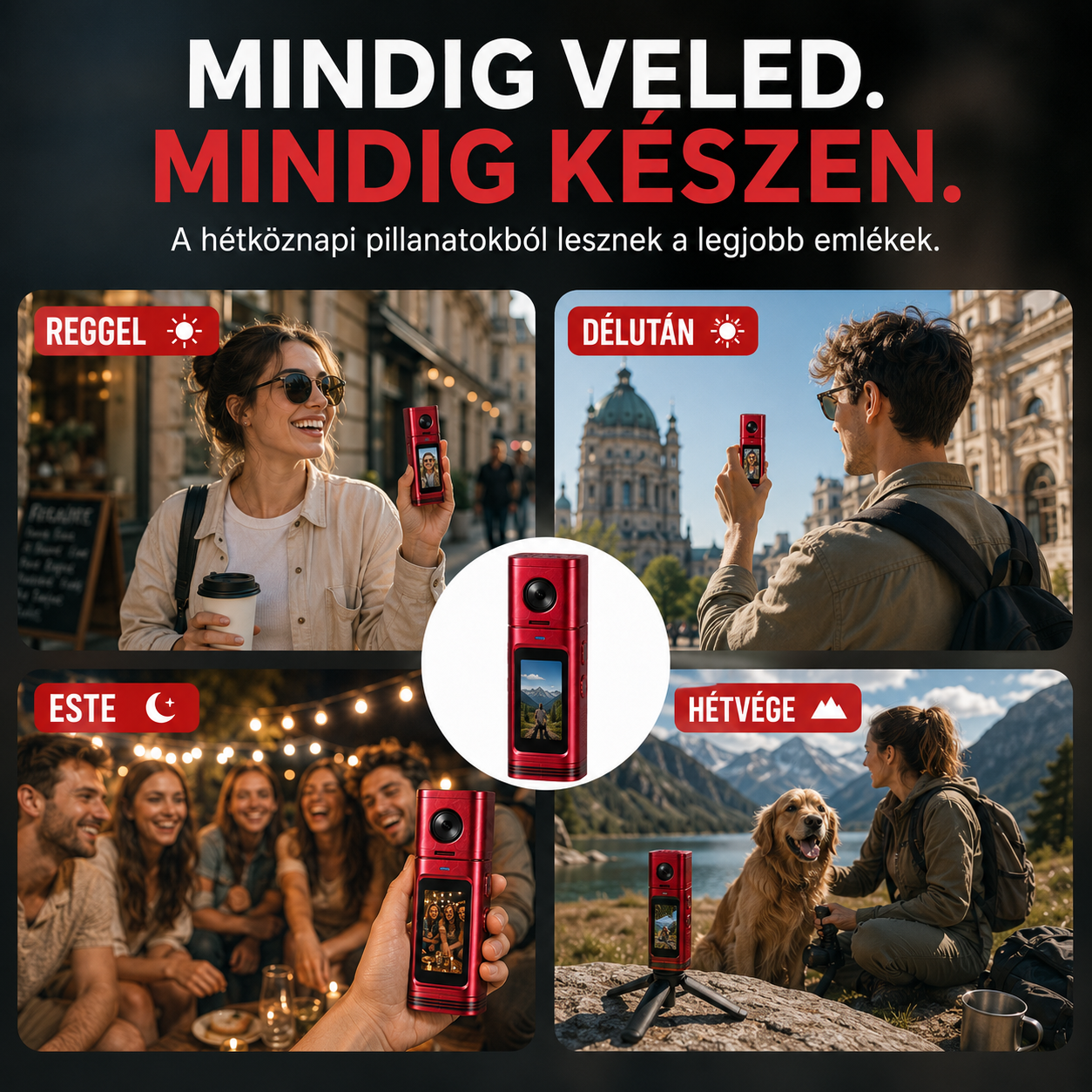 Zsebkamera 4K videóval és retró filmes szűrőkkel 33 g-os ultrakönnyű kialakítás｜4K videó｜16 MP-es fotók｜360°-ban forgatható objektív｜CCD-szűrők｜Azonnali előnézet｜Fénykép-, videó- ​​és hangfelvétel