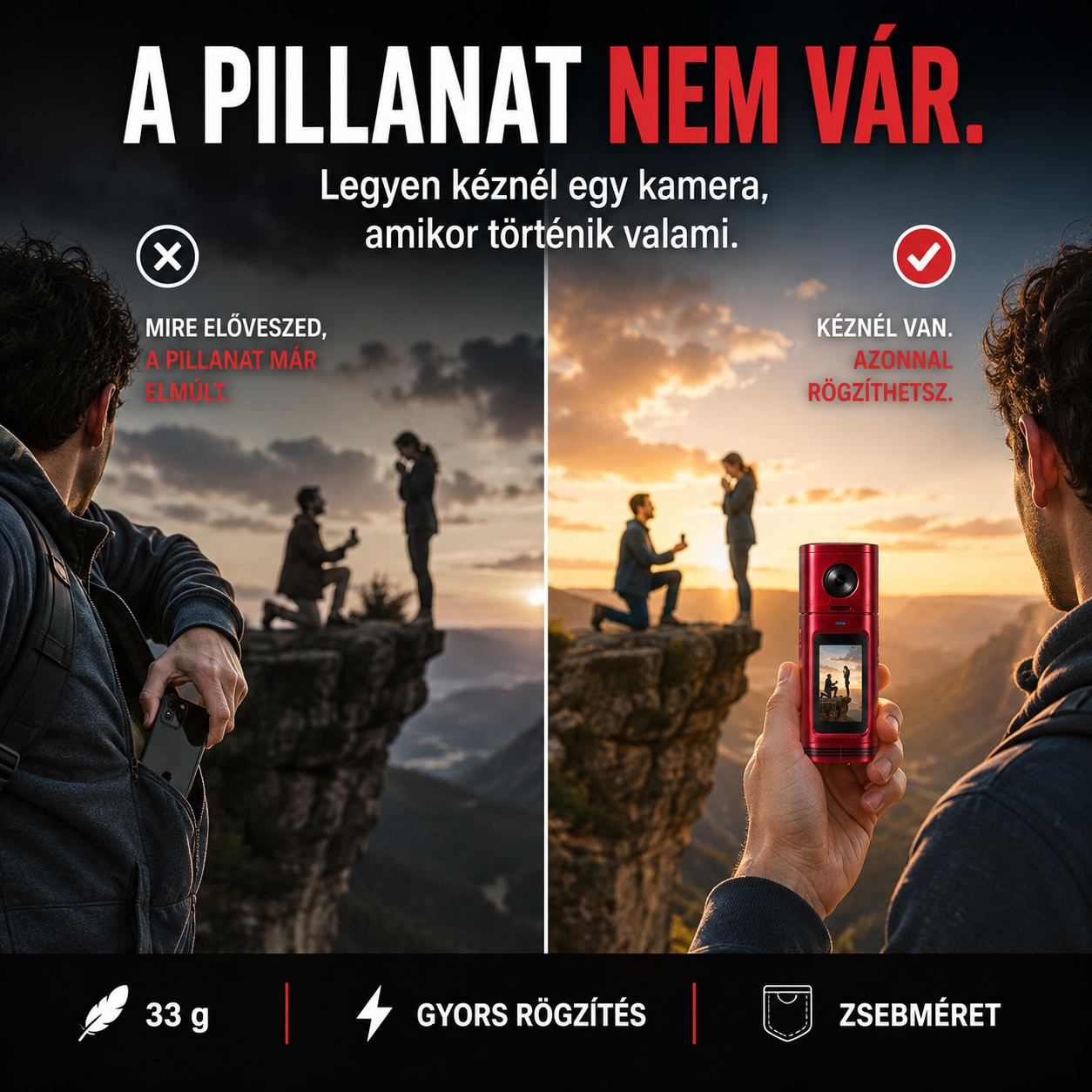 Zsebkamera 4K videóval és retró filmes szűrőkkel 33 g-os ultrakönnyű kialakítás｜4K videó｜16 MP-es fotók｜360°-ban forgatható objektív｜CCD-szűrők｜Azonnali előnézet｜Fénykép-, videó- ​​és hangfelvétel