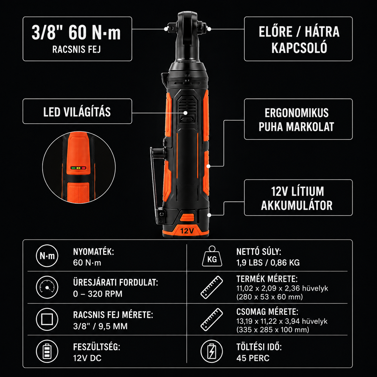 3/8"-OS AKKUMULÁTOROS RACSNIS KULCS KÉSZLET – 12 V, 60 Nm, 45 PERCES GYORSTÖLTÉS, 2 × 2,0 Ah AKKUMULÁTOR, 10 DUGÓKULCS, BEÉPÍTETT LED