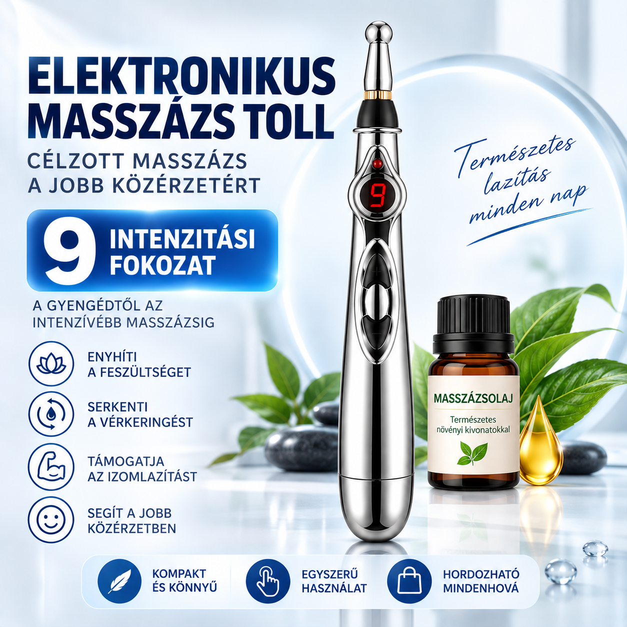 2026-os legújabb multifunkciós elektronikus masszázstoll – 9 intenzitási fokozat, többféle masszázsfej és célzott masszázs az egész testre. Lazíts kényelmesen, akár otthon is.