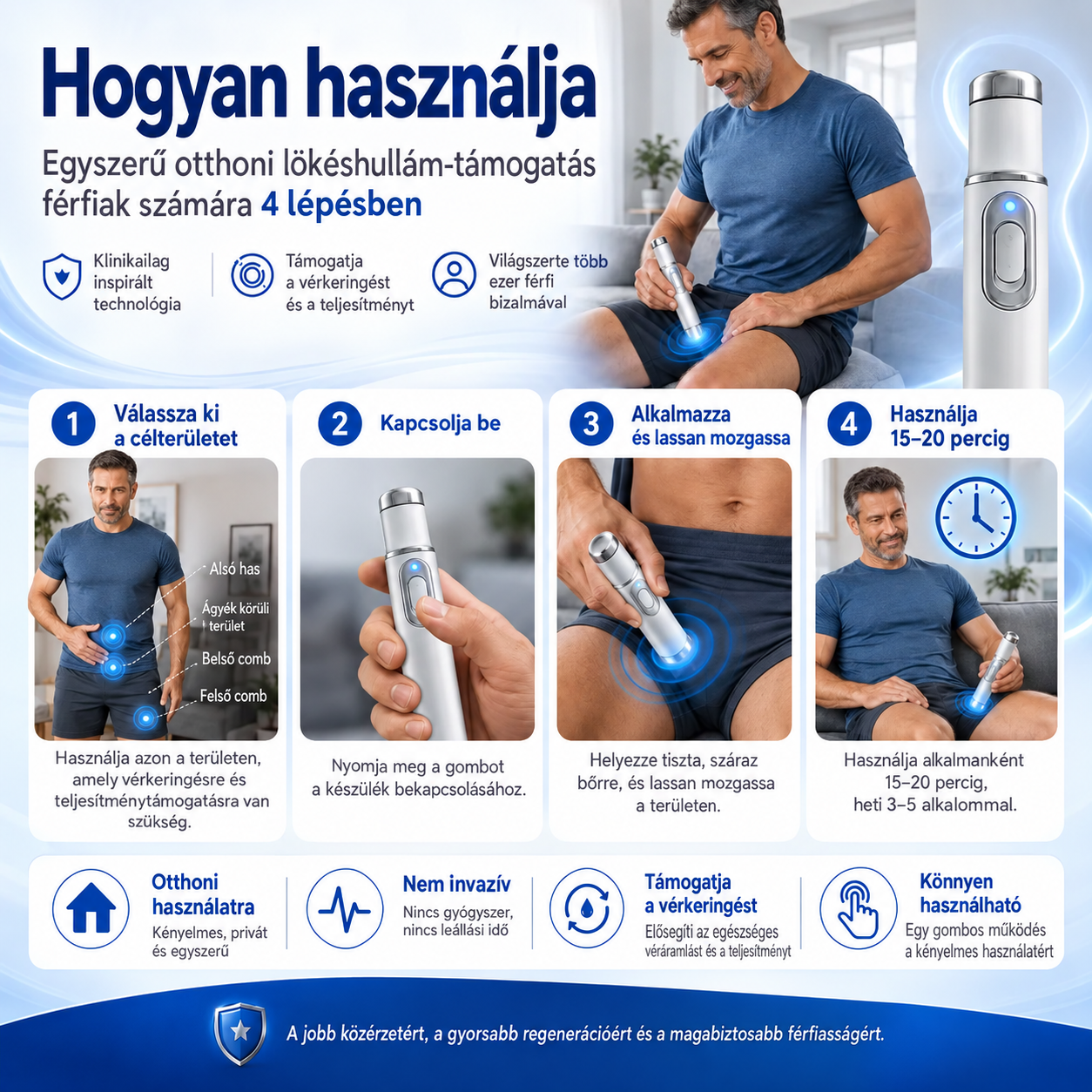 A fejlett akusztikus lökéshullám-terápia helyreállítja a péniszszövet egészségét, fokozza az emelkedési merevséget, az állóképességet és a férfi teljesítménybeli magabiztosságot, enyhítve az izomfájdalmat, az ízületi merevséget és az ínfájdalmat.